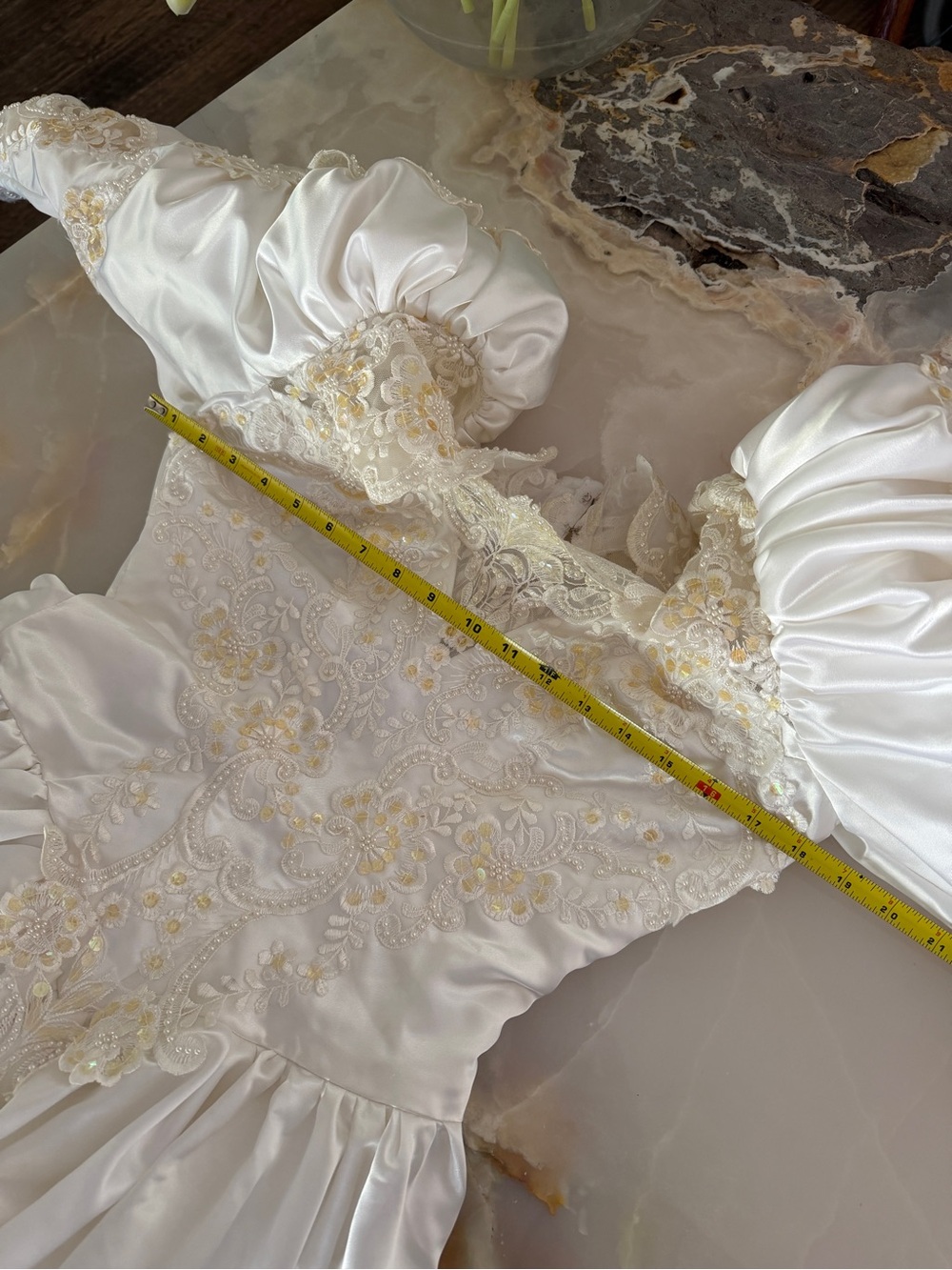 Vintage Satin Bridal Gown with Gold Lace Appliqué - Picture 5 of 9